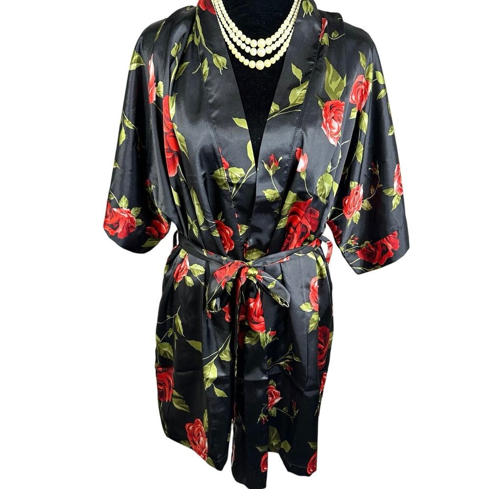 Alexander Del Rossa Rose Floral Satin Kimono Robe Gothic Romance S